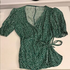 Reformation Teal Floral Wrap Blouse